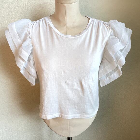 Zara White cotton chiffon ruffle sleeve top womens small blouse crop top tee - Picture 1 of 5